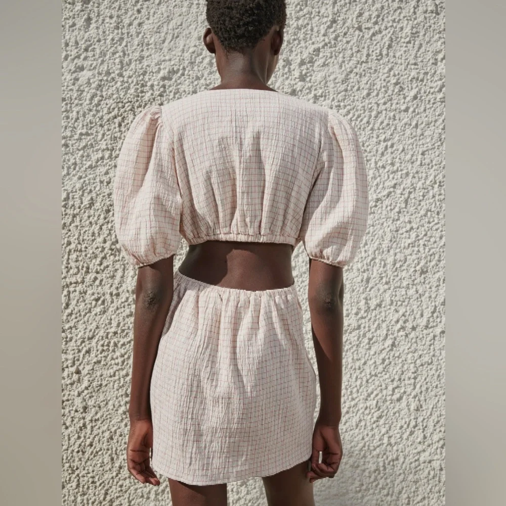 Zara NWT Size S Cotton/Linen Blend Plaid Cut Out Waist Minidress -NWT per Pics - Picture 4 of 10